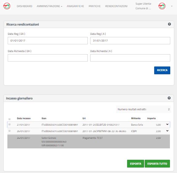 Pagina 16 di 17 7 Rendicontazioni Nella sezione Rendicontazioni l Ente ha la possibilità di consultare le rendicontazioni degli incassi pervenuti avvalendosi, se necessario, del filtro di ricerca.