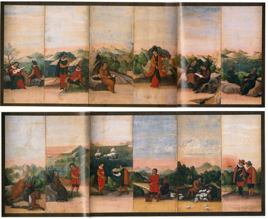 Opera n. 10 Scene di genere occidentale Scuola dei gesuiti (attribuito) Coppia di paraventi, inchiostro e colore su carta 117 x 309cm ciascuno Inizio XVII sec.