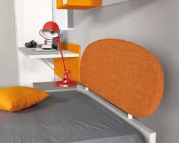 On top: close-up detail of elisse padded headboard with orange fabric covering.