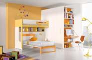 Configuration comprising scoop sliding bunk bed with bold two-colour guard and storage stairs, elle floor-standing bed with base and footboard in carrot lacquered metal, cube walk-in wardrobe with