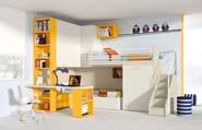 Configuration comprising corner loft bunk bed, bunk bed with metal guard in white lacquered metal, storage stairs with handrail in white lacquered metal, bookcase side with writing desk