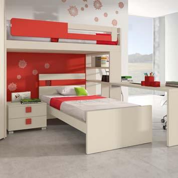 SPAZIO 08 Composizione composta da letto a castello con protezione bold bicolor e fianco libreria, sotto letto quadro con pediera a terra, cabina armadio large ad angolo con anta battente,