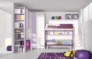 Configuration comprising cube walk-in wardrobe with hinged doors, move sliding bunk bed with bold two-colour guard and storage stairs, "surf" bed on casters, ground bridge with bookcase side
