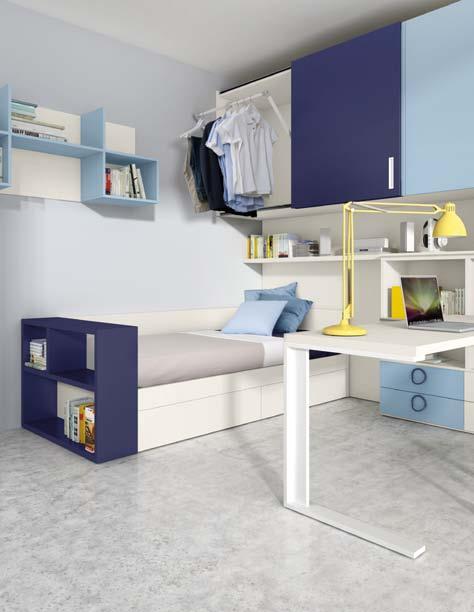 PONTE 01 Composizione composta da colonna armadio con anta battente, ponte autoportante con apertura scorrevole horizon, libreria a spalla con scrittoio scorrevole e gamba c laccata, divano letto con