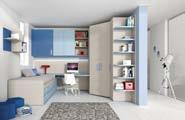 Configuration comprising large walk-in wardrobe with hinged doors, wardrobe with hinged doors and open, curved end unit, self-supporting bridge (depth 474mm) with horizon slide opening.