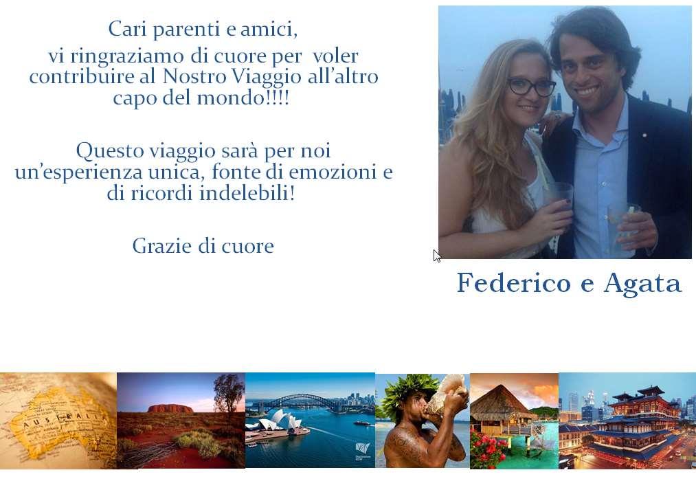 Viaggio di nozze Federico e Agata Australia & Polinesia dal 7 agosto al 3 settembre 2016 Come contribuire al nostro viaggio partecipando alla nostra lista nozze: 1) La lista nozze è aperta su