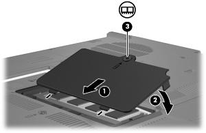 12. Chiudere il coperchio (2). 13. Stringere la vite del coperchio dello scomparto dei moduli di memoria (3). 14. Installare nuovamente la batteria.