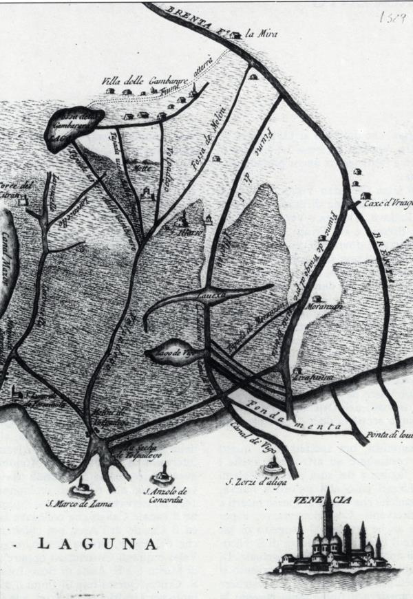 Fig. 10. Le antiche foci del Brenta nel 400 (tratto da Favero et al., 1988).