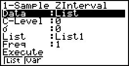 k Intervallo di confidenza Z È possibile usare il seguente menu per scegliere fra i differenti tipi di intervallo di confidenza Z. {1-S}/{-S}/{1-P}/{-P}.
