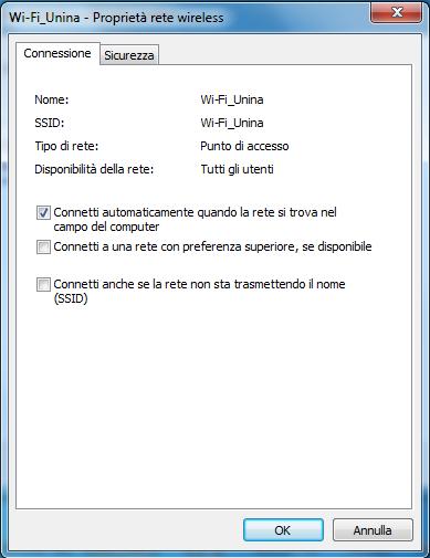 G. Nella finestra Wi-Fi_UniNa Proprietà rete wireless, nella scheda Connessione lasciare selezionata l opzione CONNETTI AUTOMATICAMENTE QUANDO LA RETE SI TROVA NEL CAMPO DEL COMPUTER; deselezionare