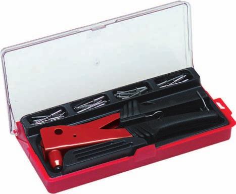 Metal box containing a riveting tool NX5 with mandrels and heads M-M-, with threaded inserts Metalkassette mit werkzeug NX5, ziehdorne und köpfe M-M-, sowie Blindnietmuttern PESO - WEIGHT - GEWICHT