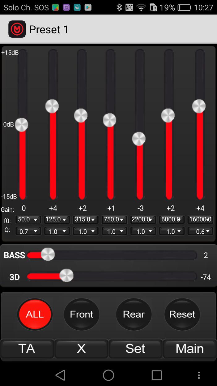 Panoramica dell' APP Equalizzatore parametrico. Equalizzatore a 7 bande regolabile da +5dB a -5dB. Impostazione frequenze variabile da 0Hz a 0.000Hz 3. Fattore Q variable da 0.3 a 9.9 4.