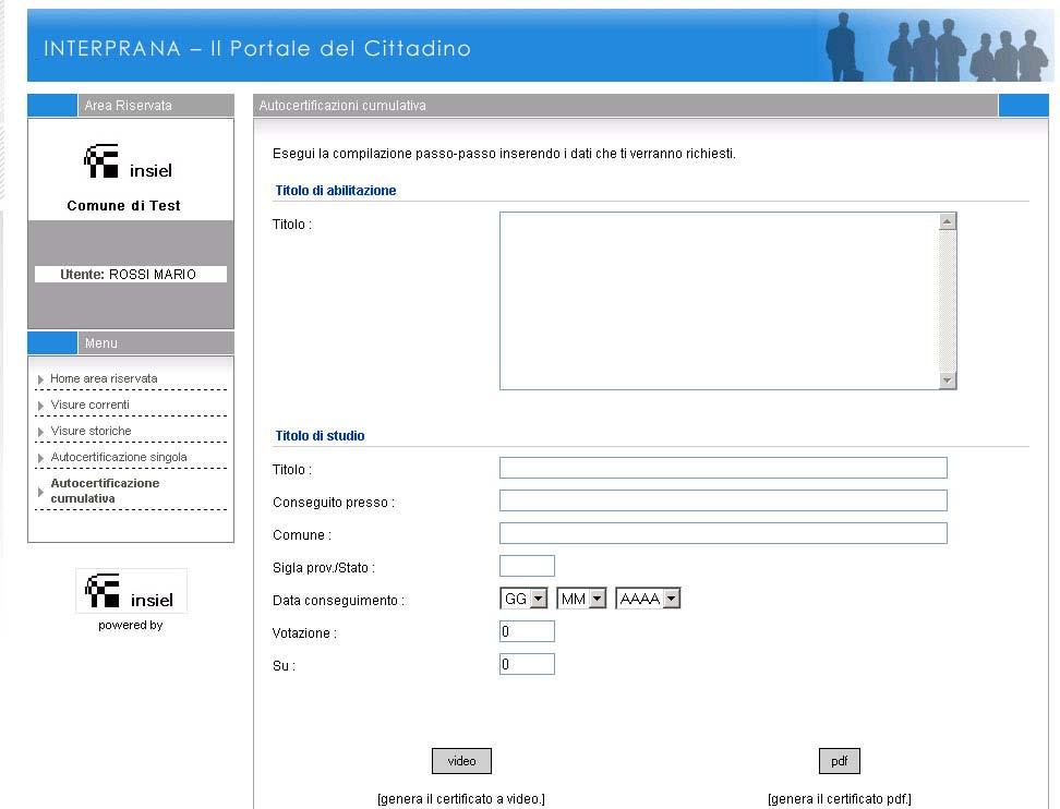 Completati i passi di compilazione del documento, viene data la possibilità di visualizzare il certificato a video o di generare il relativo documento in formato PDF.