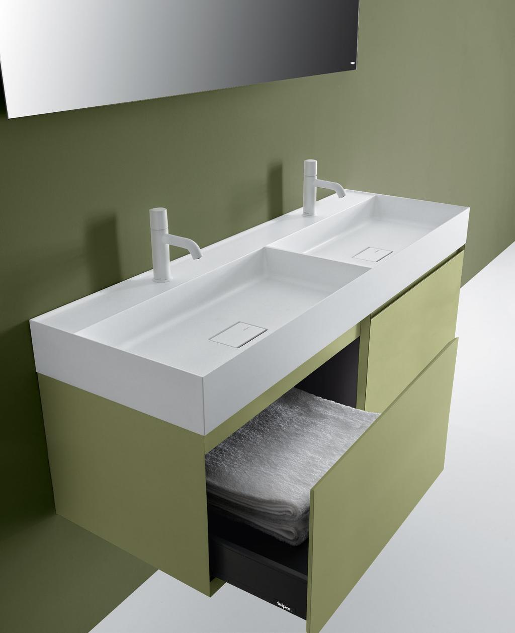 Composizione a doppio cassetto da cm 140 x 45 x h 36 cm con maniglia a gola e lavabo D7I in Ceramilux SSL a doppio lavello da cm 140 x 45 x h 12.