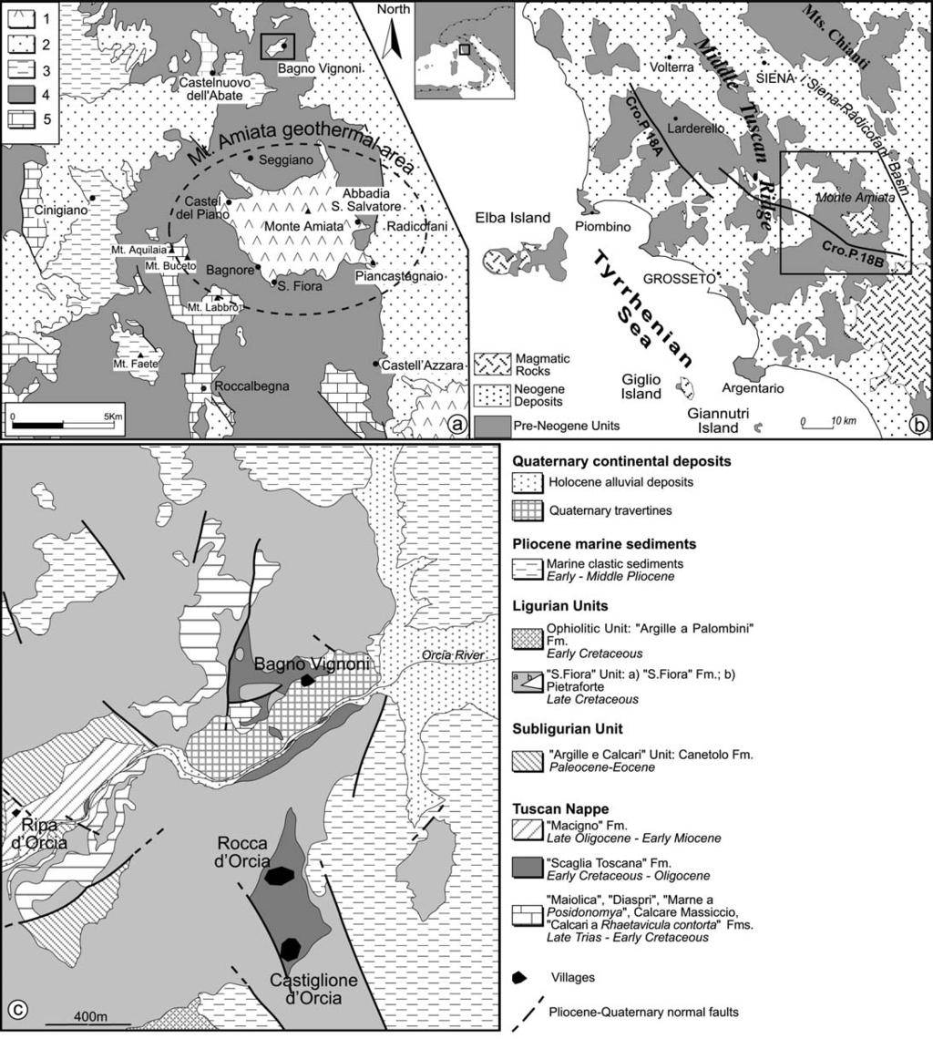 COLLISIONAL STRUCTURES RECORDED IN THE TUSCAN NAPPE CROPPING OUT IN THE BAGNO VIGNONI AREA 91 Fig. 1 - Location of the study area.