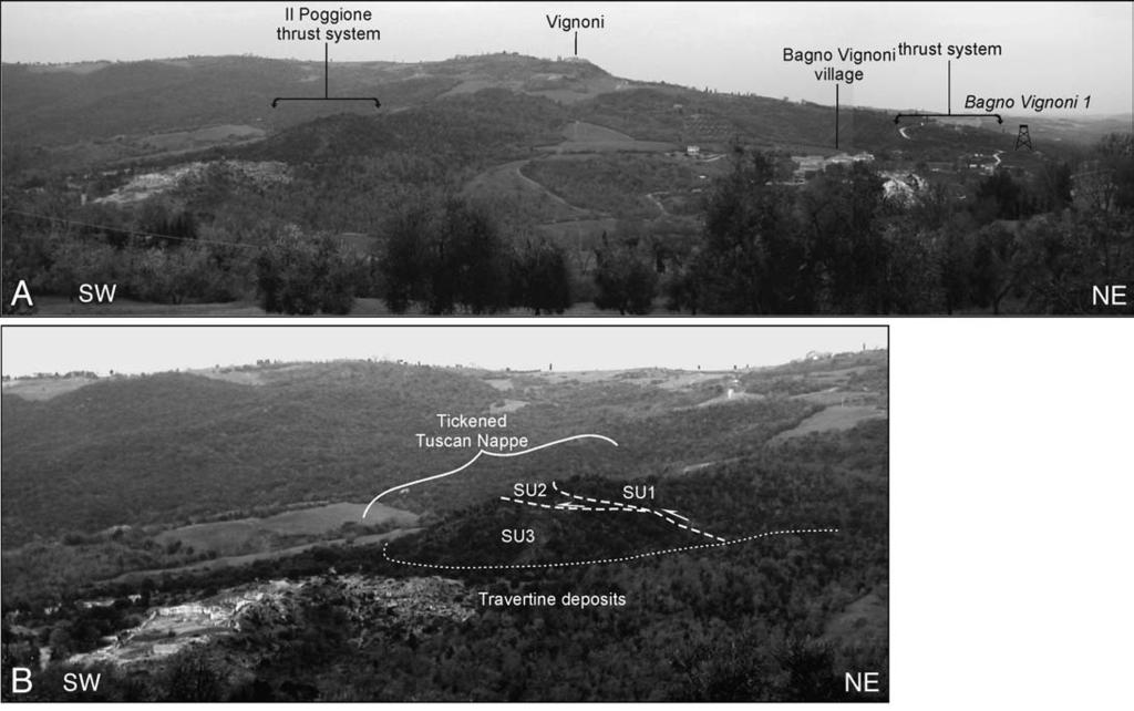 COLLISIONAL STRUCTURES RECORDED IN THE TUSCAN NAPPE CROPPING OUT IN THE BAGNO VIGNONI AREA 9 Fig. - Panoramic view of the Bagno Vignoni area (a) and detail of the «il Poggione» thrust system (b).