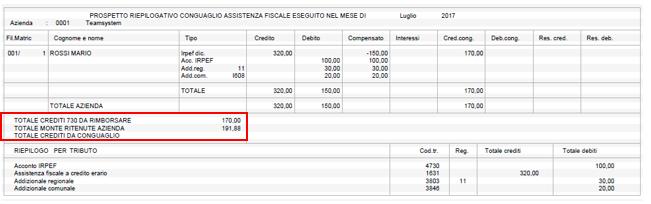 CONG730 2017 39/44 Se eseguito il comando CONG730, viene generato inoltre il relativo prospetto riepilogativo: Rimborso crediti da 730: verifica capienza del monte ritenute In presenza di crediti da