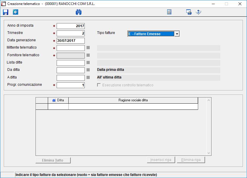 Creazione telematico Per la creazione del telematico oltre ai consueti campi che vengono richiesti, abbiamo aggiunto il campo del Trimestre e quello della tipologia di comunicazione E Fatture emesse,