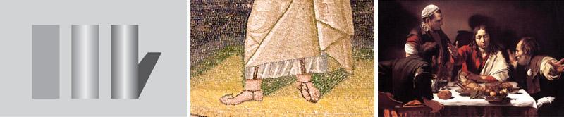 inoltre, appaiono più vicini. Nell arte medievale l ombra portata è spesso innaturale, una specie di lingua scura che fuoriesce dai piedi (vedi mosaici del mausoleo di Galla Placidia).