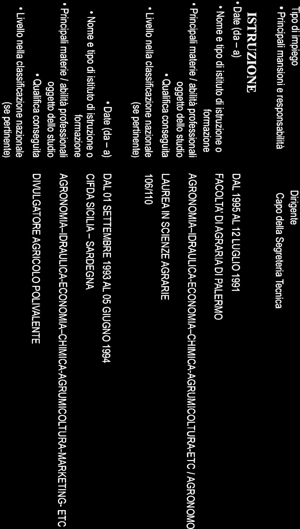 Date (da a) DAL 1995AL 12LUGLIO 1991 Nome e tipo di istituto di istruzione o FACOLTA Dl AGRARIA DI PALERMO formazione Principali materie / abilità professionali AGRONOMIA IDRAULICA-ECONOMIA