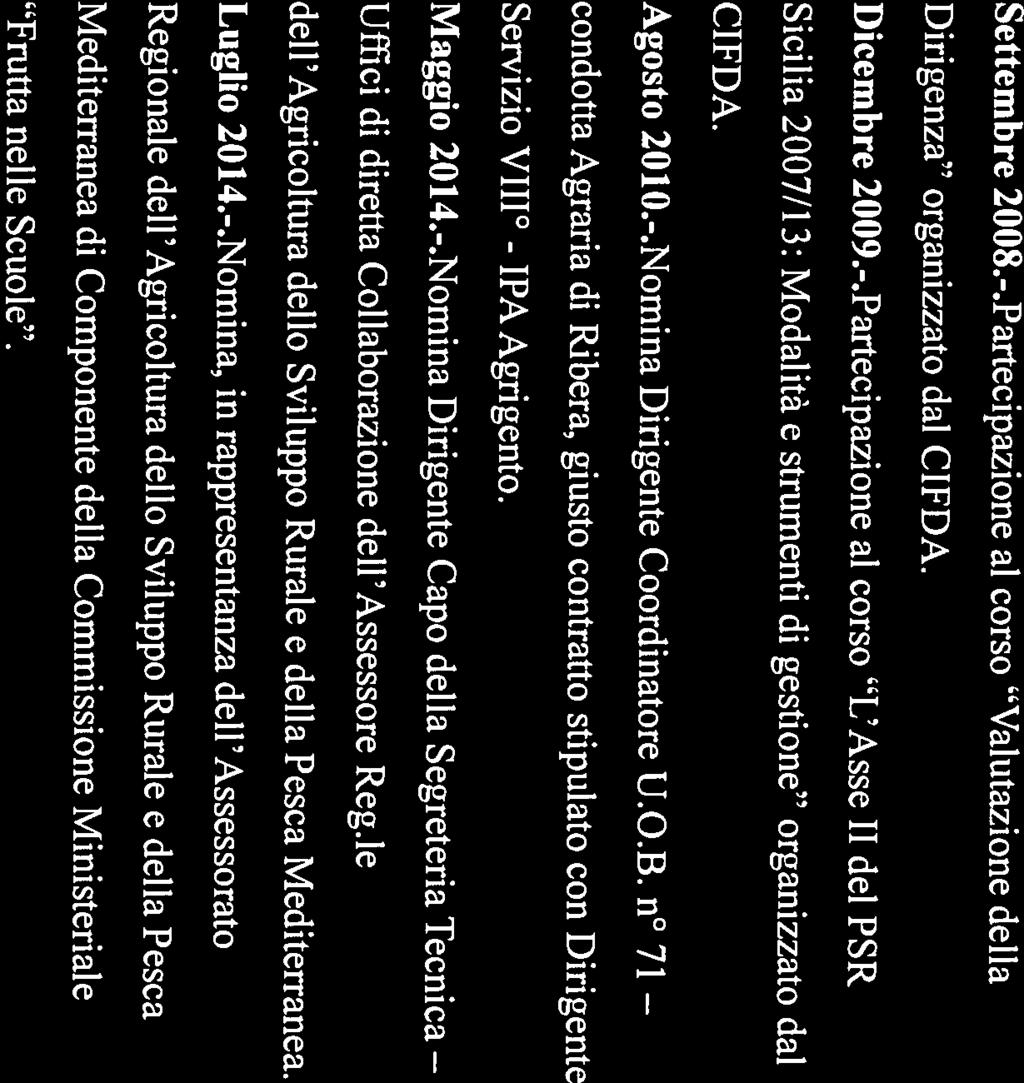 CIFDA. Data Dicembre 2009.-.Partecipazione al corso L Asse Il del PSR Sicilia 2007/13: Modalità e strumenti di gestione organizzato dal Servizio VITI 0 - IPA Agrigento. Data Agosto 2010.-.Nomina Dirigente Coordinatore U.