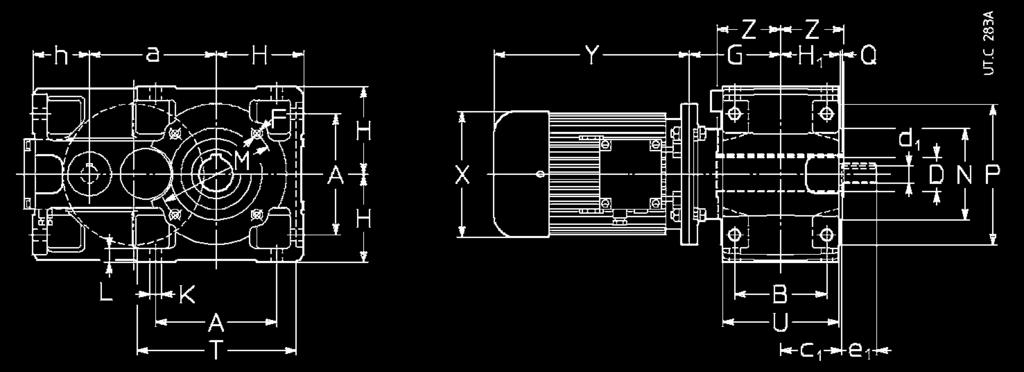 18) for verification of radial load. Grandezza a A B c 1 D d 1 e 1 F G H H 1 h K L M N P Q T U Z P 1 X Y Y 2 W W 1 W 2 Massa Size Ø Ø Ø Ø Ø Ø Ø Ø Mass rid. motore H7 h11 h11 h6 kg red.