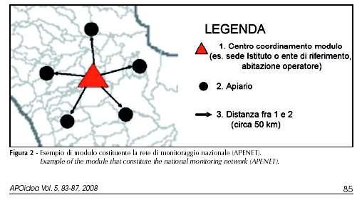 Apenet E stata creata una rete di monitoraggio nazionale attraverso moduli regionali di rilevamento (1 modulo =5 apiari di 10 alveari ciascuno) Georeferenziazione degli apiari Messa a punto di un