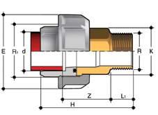 BIFOM Bocchettone di passaggio PP-H/ottone con estremità per saldatura di tasca (d), estremità femmina filettata BSP (R) in ottone e con guarnizione O-Ring in EPDM d x R R 1 PN E H K L 1 Z g Codice