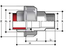 BIFXM Bocchettone di passaggio PP-H/Acciaio INOX con estremità per saldatura di tasca (d), estremità femmina filettata BSP (R) in Acciaio INOX A316L, con guarnizione O-Ring in EPDM o FPM d x R R 1 PN