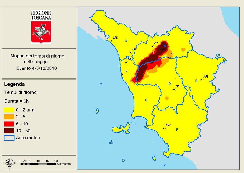 Costruendo la mappa dei tempi di ritorno delle piogge con durata di 6 ore (Fig.