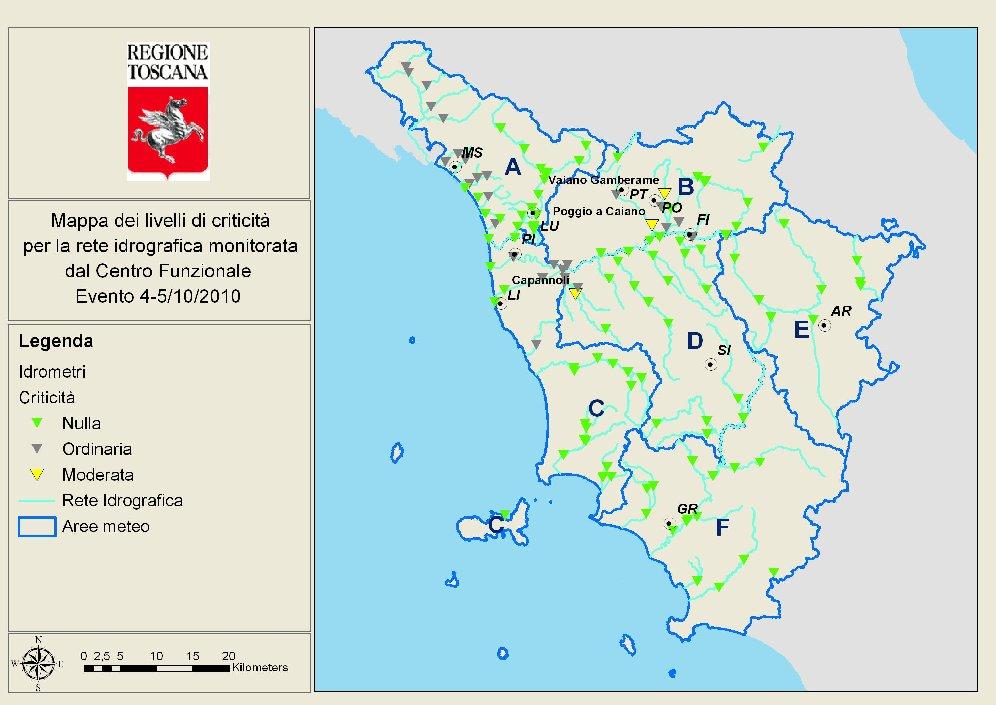 Fig. 16 Mappa dei livelli di criticità per la rete idrografica monitorata nell'evento del 4-5 Ottobre 2010. Da sottolineare, inoltre, il livello idrometrico registrato nelle sezioni di S.