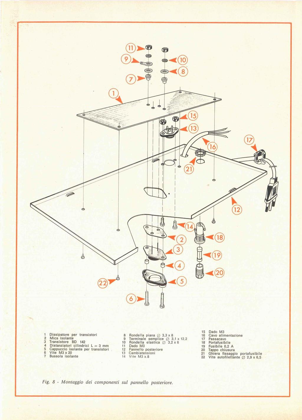 1 Dissipatore per transistori 2 Mica isolante 3 Transistore BD 142 4 Distanziatori cilindrici L = 3 mm 5 Cappuccio isolante per transistori 6 Vite M3 x 20 7 Bussola isolante 8 Rondella piana 0 3,3 x