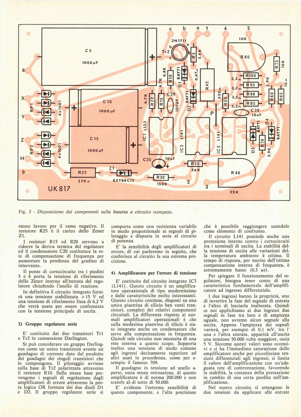 Fig. 3 - Disposizione dei componenti sulla basetta a circuito stampato. stesso lavoro per il ramo negativo. I l resistore R25 è i l carico dello Zener ZI.