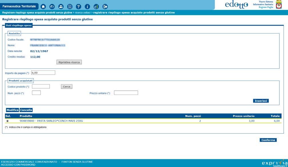 L operatore della farmacia/esercizio commerciale può: Figura 8 - Acquisire prodotti senza Glutine 1. Registrare solo l importo complessivo della spesa inserendo il campo Importo da Pagare. 2.