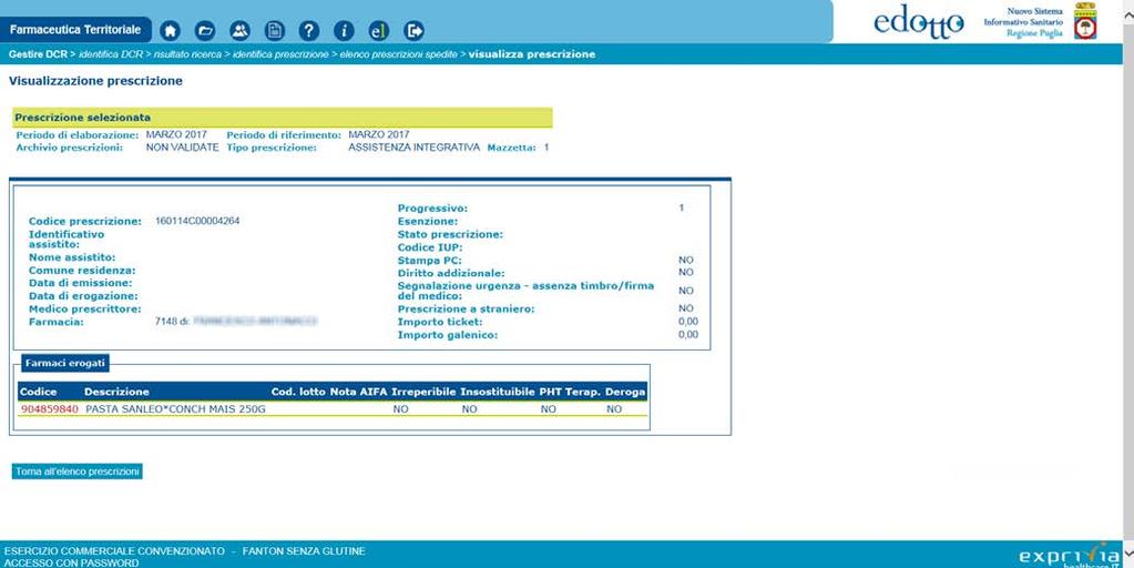Il sistema mostra una pagina di elenco delle prescrizioni che soddisfano i criteri di ricerca e l operatore può visualizzare i dati di dettaglio dei prodotti