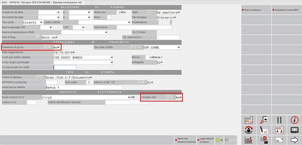 Pagina 15 di 17 Per generare il RID in tracciato XML, nella funzione di generazione effetti occorre impostare ad S il parametro Formato Xml, che si attiva solo facendo l emissione definitiva: Il file