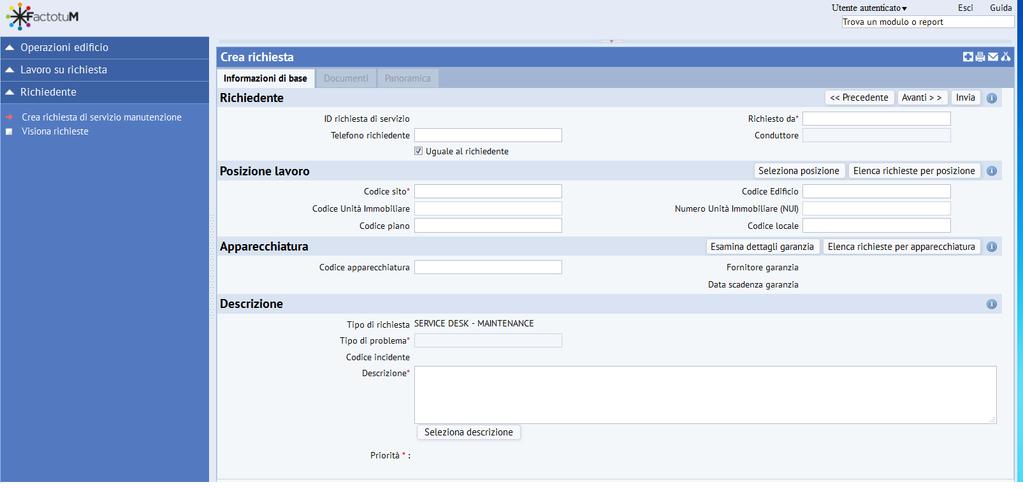 Pag. 9 di 11 Richiedente Il richiedente quando si autentica al servizio avrà a disposizione la funzionalità: Crea richiesta di sevizio manutenzione Visualizza richieste I dati necessari per creare un