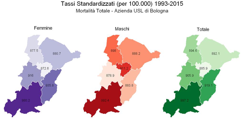 Grafico 4.3 Mortalità generale per sesso: Distretti - Tasso standardizzato per 100,000 residenti.