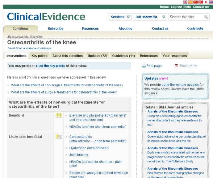 CLINICAL EVIDENCE Riassunti di tutti gli interventi, incluse i tipi di evidenze trovate e i risultati Informazioni utili compreso l eziologia, la prognosi e i