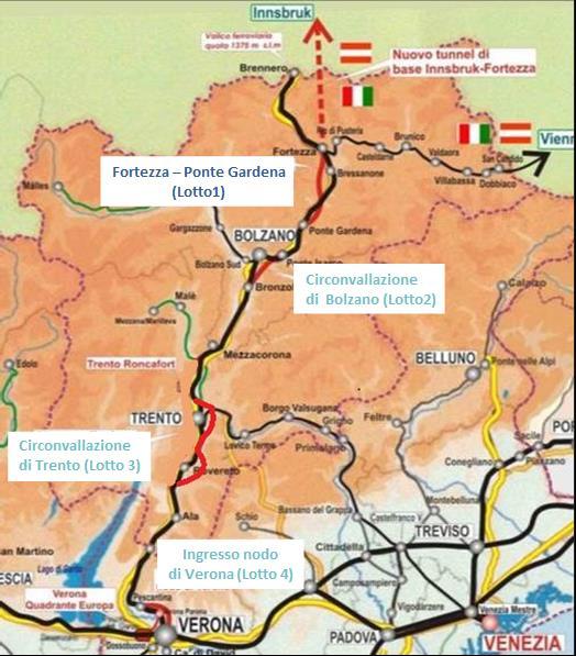 Grafico n. 2 - Quadruplicamento della linea ferroviaria Fortezza-Verona : lotti prioritari 1, 2, 3 e 4 Fonte: Ministero delle infrastrutture e dei trasporti.