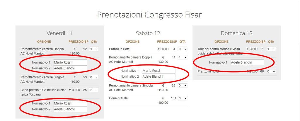 Come si vede nella figura è necessario scrivere i nominativi per ogni opzione che viene richiesta Il prezzo di tutte le opzioni che vengono scelte vanno ad incrementare il totale da pagare alla fine