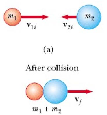 Collisioni perfettamente anelastiche in una dimensione Nelle collisioni perfettamente anelastiche le particelle rimangono attaccate dopo la collisione e proseguono come una sola particella di massa m