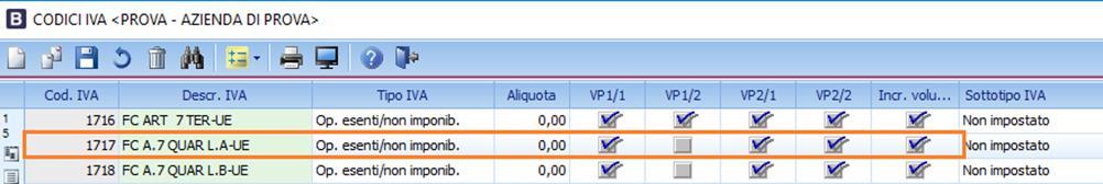 Esempi di codici IVA non soggetti sono i codici IVA standard dal 1717 al 1753 N3 Non imponibili.