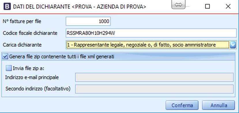 Generazione del file All atto della generazione del file vengono chiesti i codici carica e il codice fiscale del dichiarante N fatture per file E possibile generare un file XML per ogni fattura