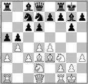 Re3-c5; 31.Th1- Rc6; 32.Txh3-Td3+; 33.Abb Posizione dopo la 11-esima del Nero 12.Te1-e5; 13.Dd2-Ab7; 14.Tad1-Dd8; 15.Ac2-h6; 16.Axf6- Axf6??; 17.Dxd6-Dxd6;18.Txd6-Ae7; 19.Td2-0-0; 20.