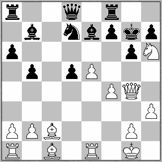 1.e3-e5; 2.b3-Cc6; 3.Ab2-f6; 4.c4-a5; 5.Cc3-Cge7; 6.Ad3- Cg6; 7.Dh5-Ce7; 8.Cd5-c6; 9.C:e7-A:e7; 10.A:g6+-h:g6; 11.D:h8-Ref7; 12.D:d8-A:d8; 13.Cf3-a4; 14.00-a3; 15.Ac3- Ta5; 16.A:a5-A:a5; 17.