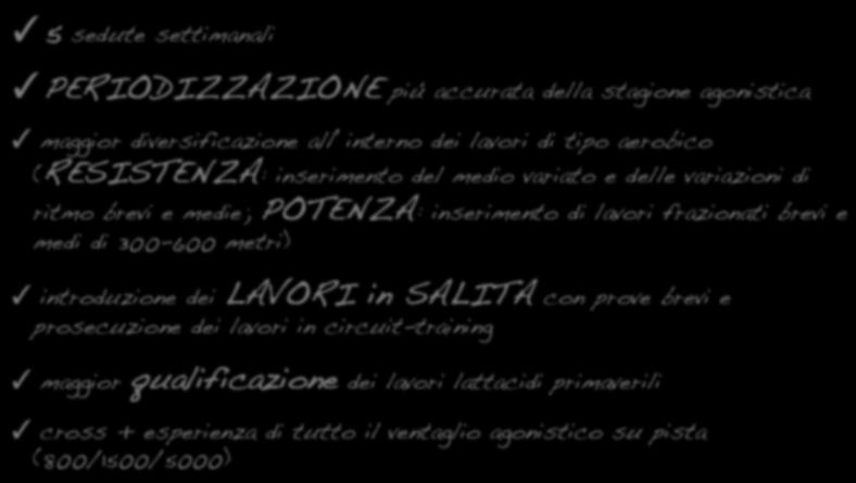 circuit-training maggior qualificazione dei lavori lattacidi primaverili cross + esperienza di tutto il ventaglio agonistico su pista (800/1500/5000) 4 sedute settimanali naturale e progressivo