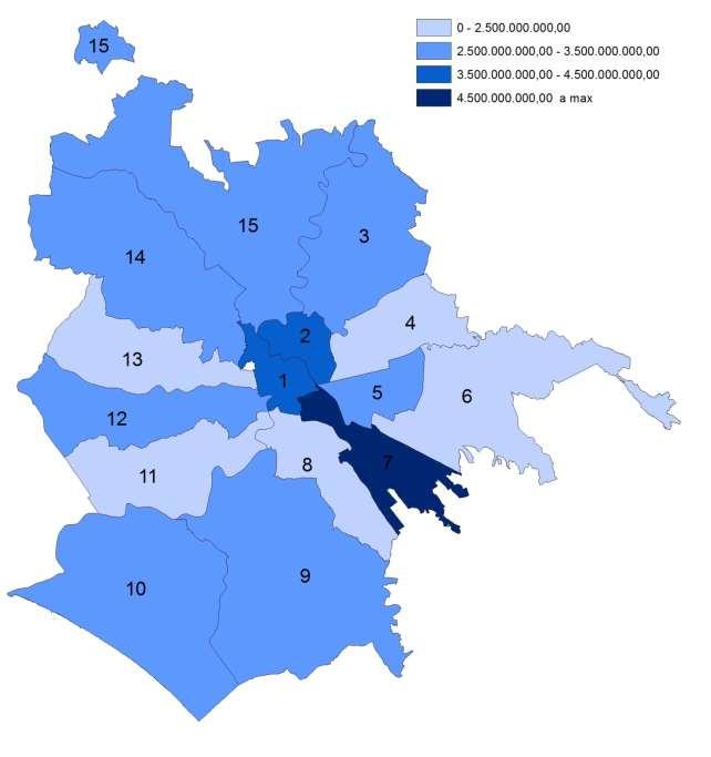 Concludiamo, infine, l analisi calcolando il totale del reddito imponibile prodotto in ciascun municipio, combinando quindi i volumi medi con la numerosità dei dichiaranti residenti.