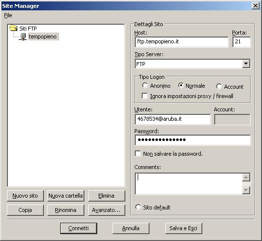 Figura 3: inserimento dei parametri di connessione Dopo aver scelto il nome, dobbiamo inserire i parametri del server: "Host", "Utente" e "Password" attivando l'opzione "Normale".