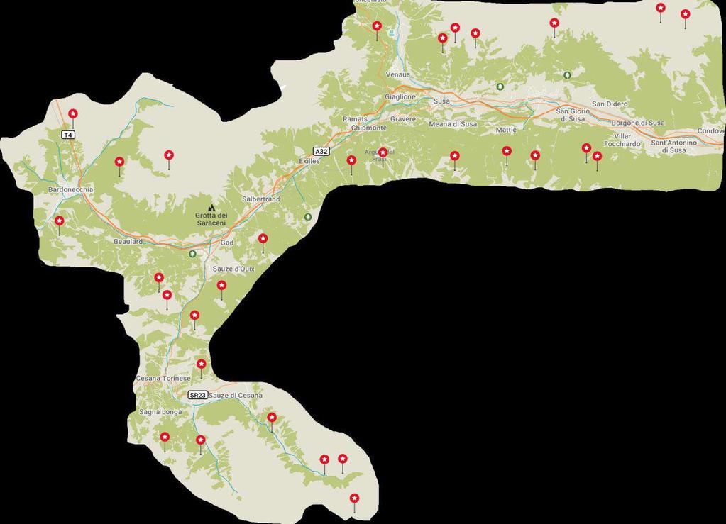 Gaces 21 Gaces 22 Gran Mioul 23 Plane 24 Laune 25 Arguel 26 Soubeyrand 27 Casette 28 Toglie 29 Balmetta 30 Certosa di Montebenedetto 31 Fumavecchia La Val Susa è la valle con il maggiore numero di